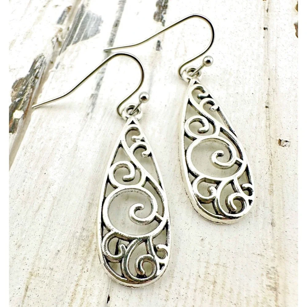 Silver Tone Filigree Swirl Teardrop Earrings